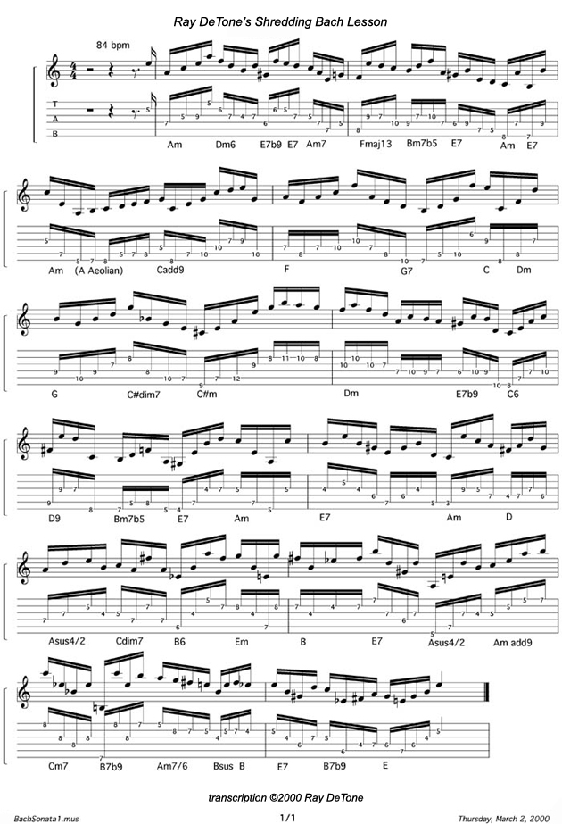 Ray DeTone Shredding Bach Lesson notation