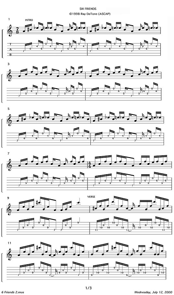 Ray DeTone Six Friends Lesson notation