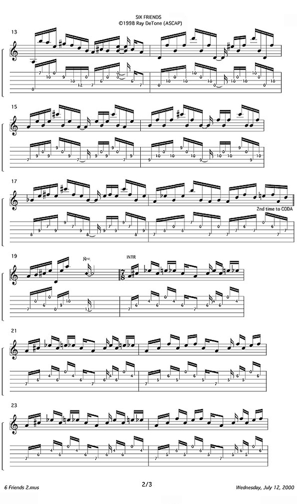 Ray DeTone Six Friends Lesson notation